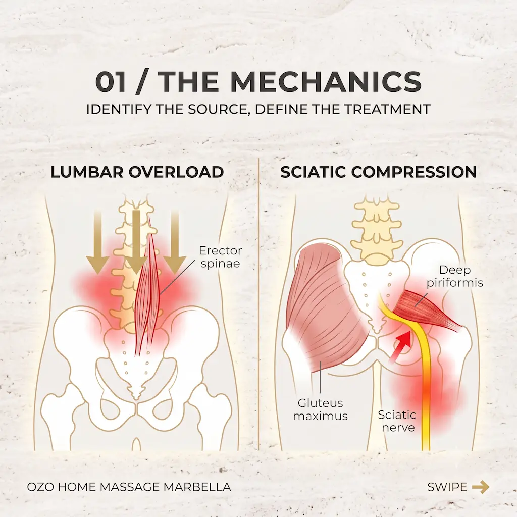 Biomechanical mechanics of lumbar overload vs sciatic nerve compression in Marbella